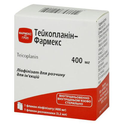 Світлина Тейкопланін-Фармекс порошок для ін'єкцій 400 мг 1 флакон з ліофілізат + 1 флакон розчинник (вода для ін'єкцій) 3.2 мл №1